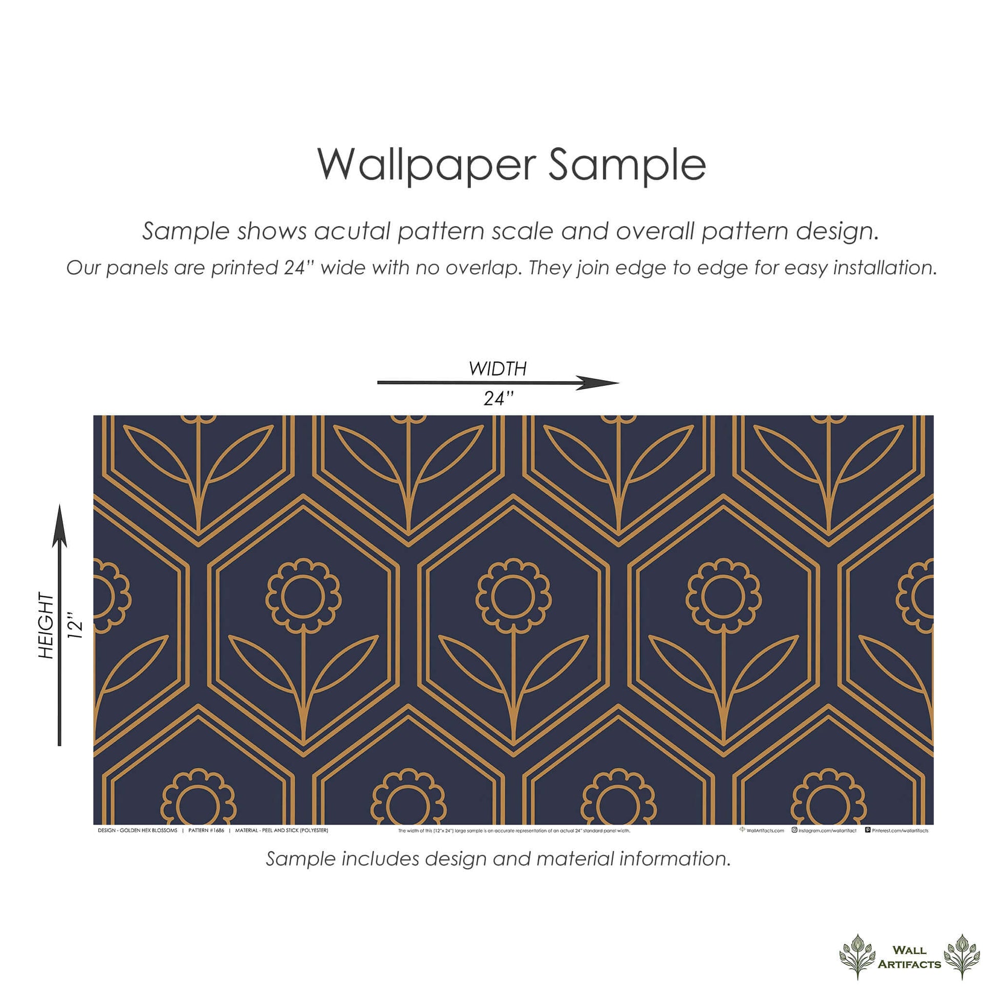 Golden Hex Blossoms Wallpaper Sample with art deco geometric and floral design in navy and gold, ideal for modern decor.