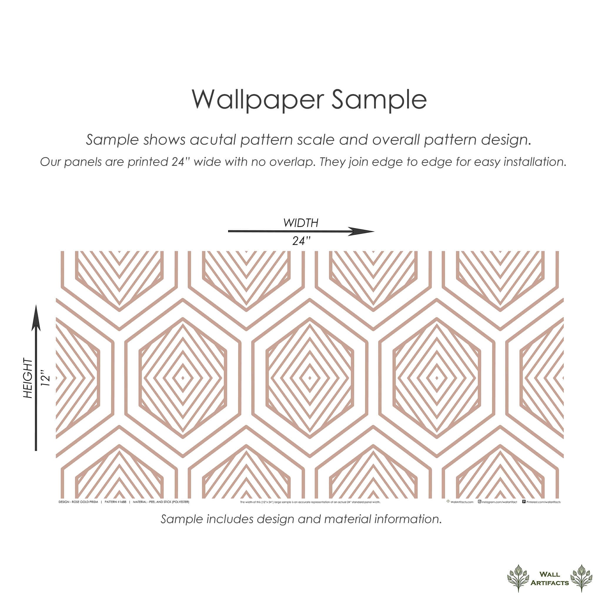 Rose Gold Prism geometric wallpaper sample showing art deco hexagonal design, 24x12 inches, with installation info.