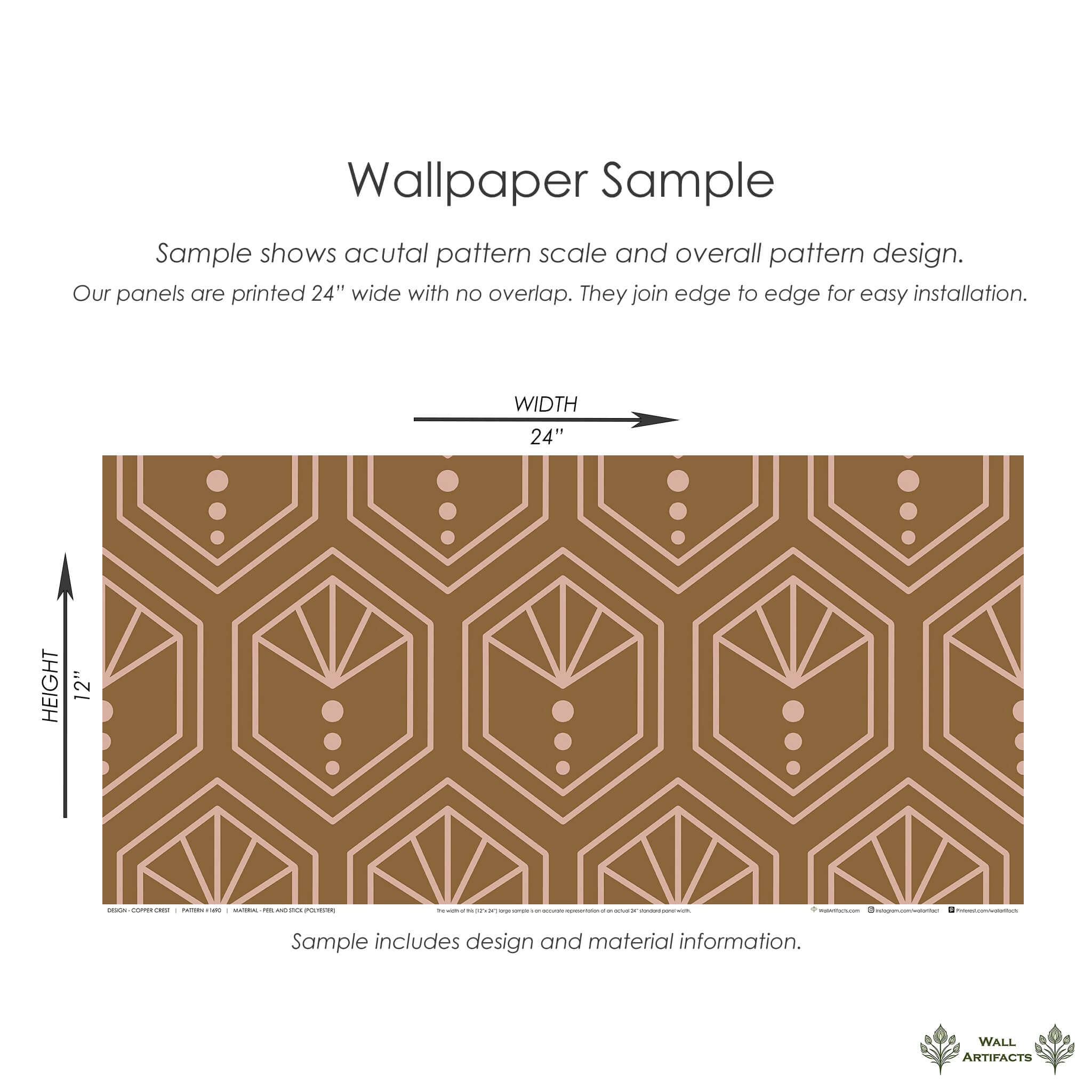 Copper Crest art deco geometric wallpaper sample, featuring honeycomb hexagons and crest motifs in a modern copper-brown and blush design.
