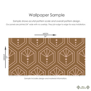 Copper Crest art deco geometric wallpaper sample, featuring honeycomb hexagons and crest motifs in a modern copper-brown and blush design.