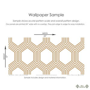 Sample of Vintage Vault's Art Deco geometric wallpaper featuring warm bronze hexagonal outlines on white, ideal for modern interiors.