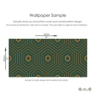 Emerald Prism Wallpaper sample with geometric Art Deco design, featuring gold concentric hexagons on an emerald green background.