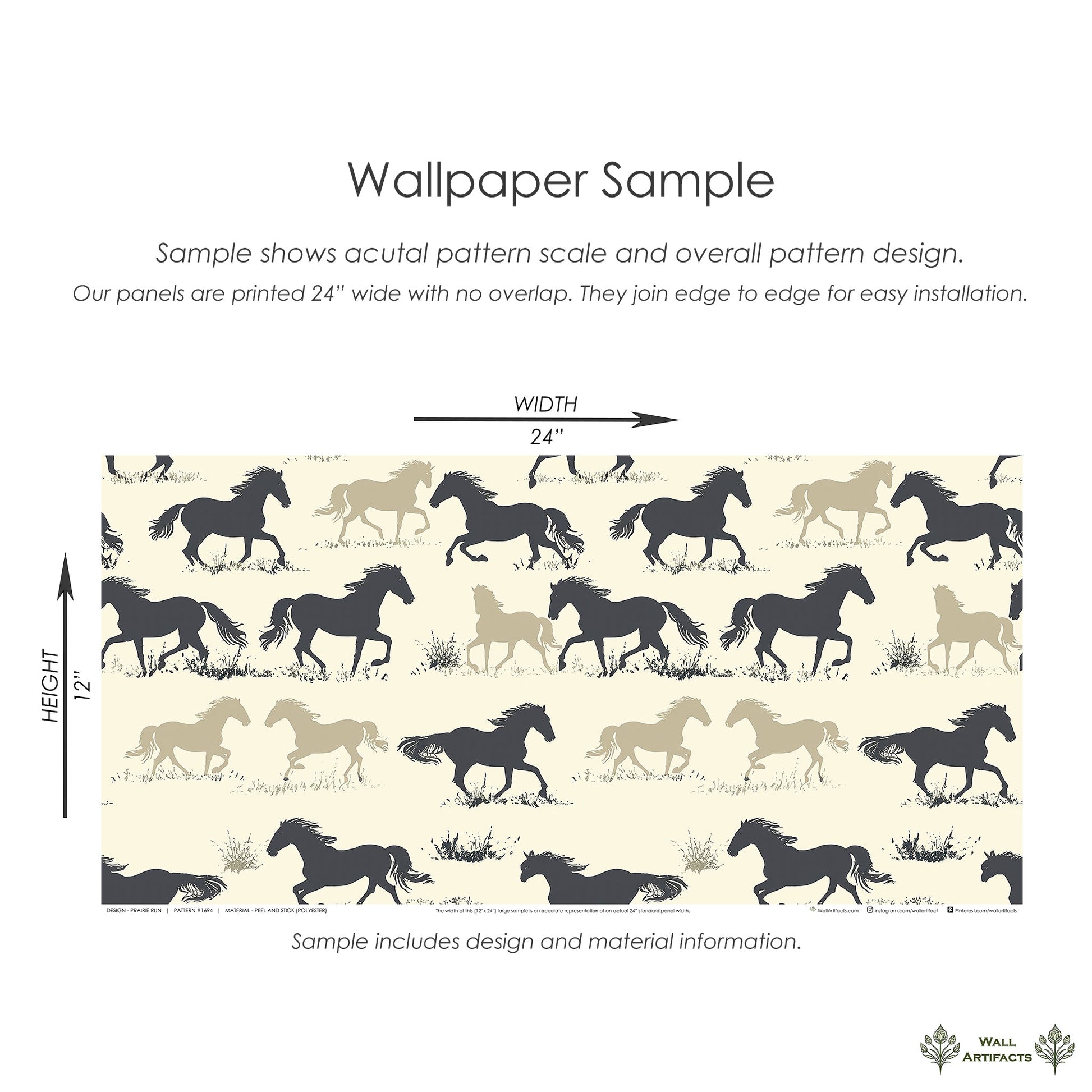 Prairie Run wallpaper sample featuring horse silhouettes in black, brown, and tan, showcasing a dynamic pattern for western-themed spaces.