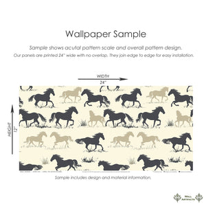 Prairie Run wallpaper sample featuring horse silhouettes in black, brown, and tan, showcasing a dynamic pattern for western-themed spaces.