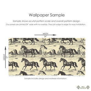 Vintage horse wallpaper sample with black, brown, and tan horses in countryside, ideal for rustic interiors and equestrian lovers.