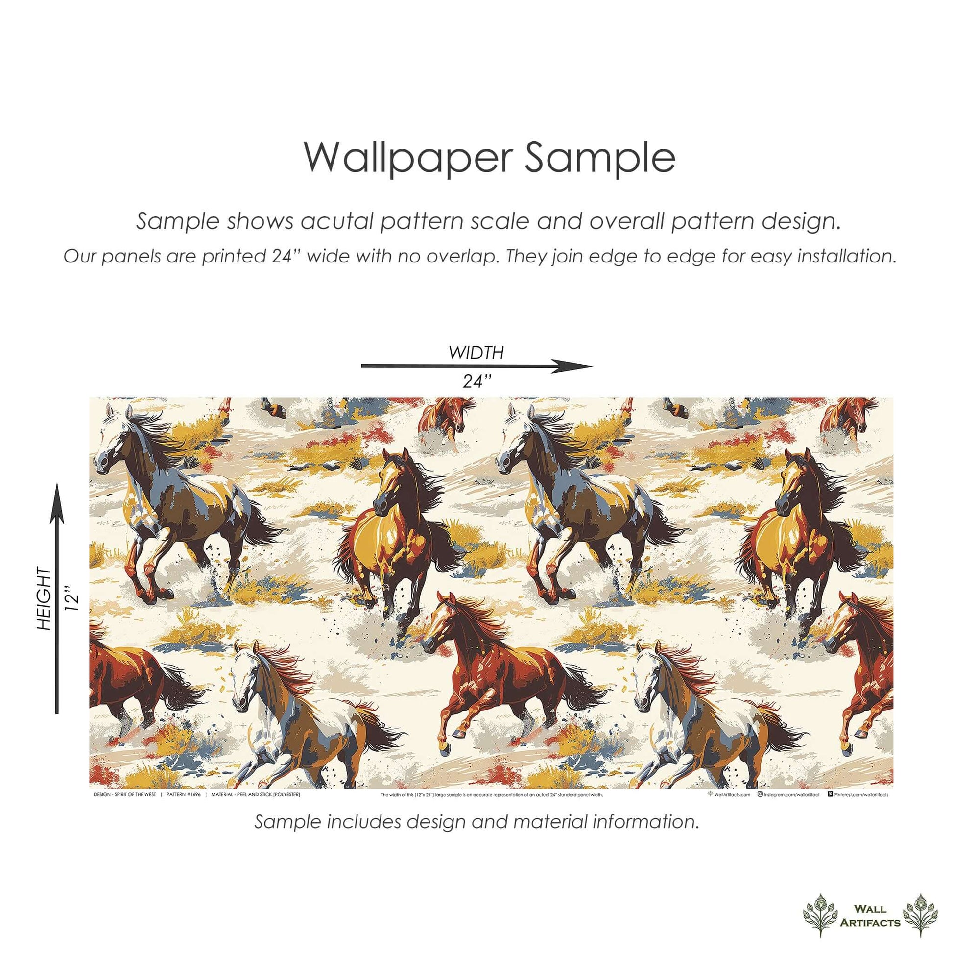 Spirit of the West wallpaper sample with wild horses, desert hues, for rustic or modern ranch interiors. Size shown: 24" x 12".