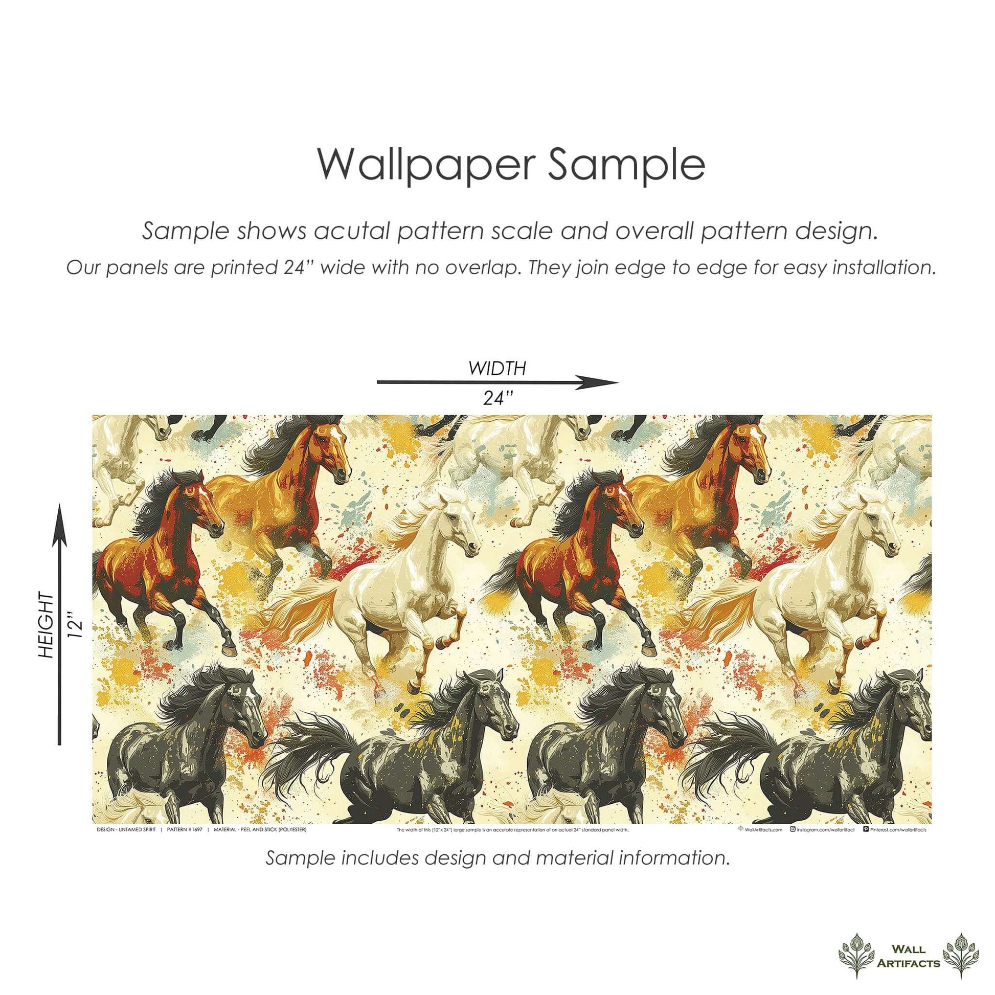 Untamed Spirit Wallpaper sample featuring mustangs in chestnut, ivory, and onyx. Perfect desert and carefree-themed decor.