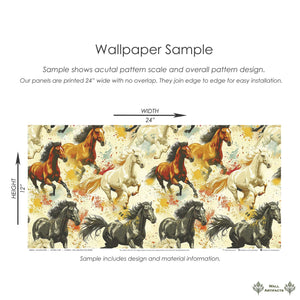 Untamed Spirit Wallpaper sample featuring mustangs in chestnut, ivory, and onyx. Perfect desert and carefree-themed decor.