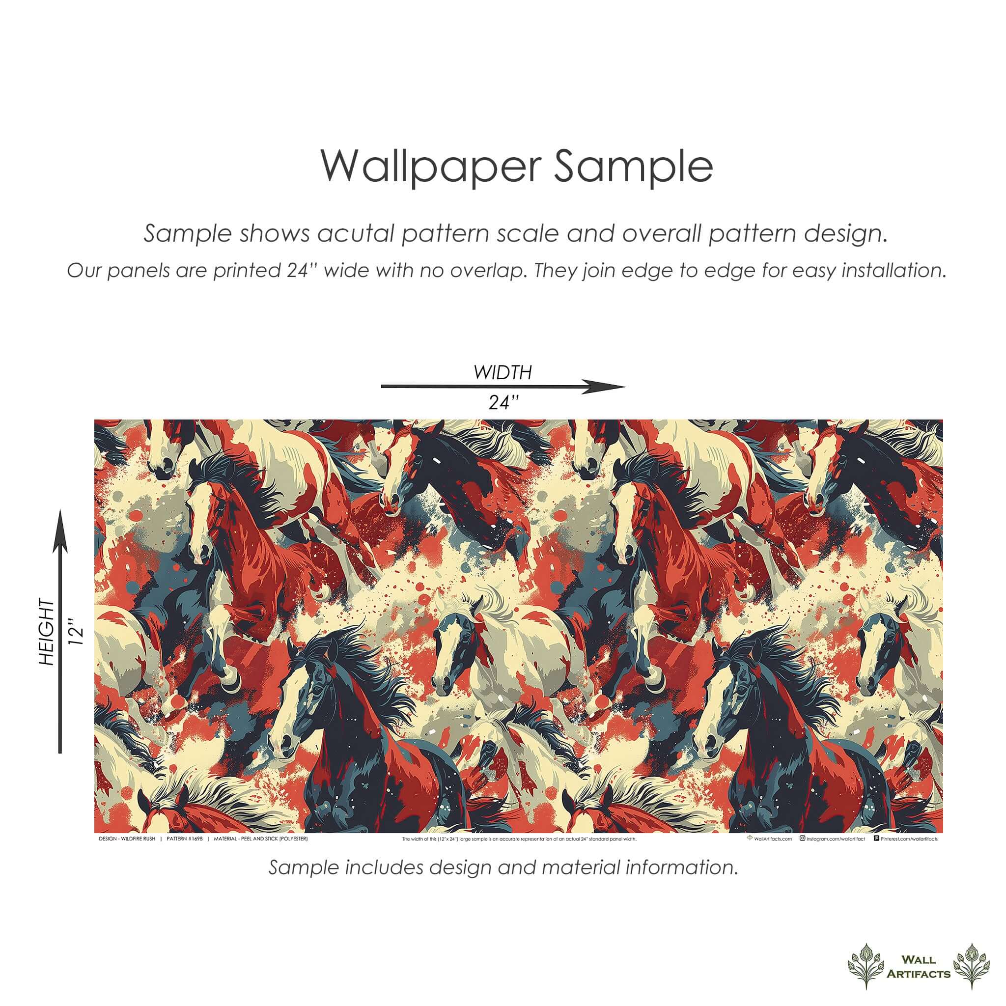 Wildfire Rush Wallpaper: Dynamic horses design in red, cream, charcoal for modern statement walls. Contemporary and energizing decor.