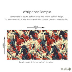 Wildfire Rush Wallpaper: Dynamic horses design in red, cream, charcoal for modern statement walls. Contemporary and energizing decor.