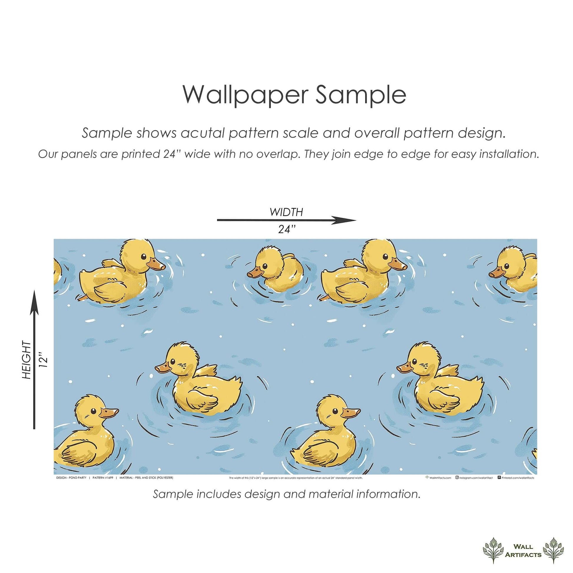 Pond Party wallpaper sample with cheerful yellow ducks swimming in a soft blue pond, perfect for children’s nursery or playroom decor.