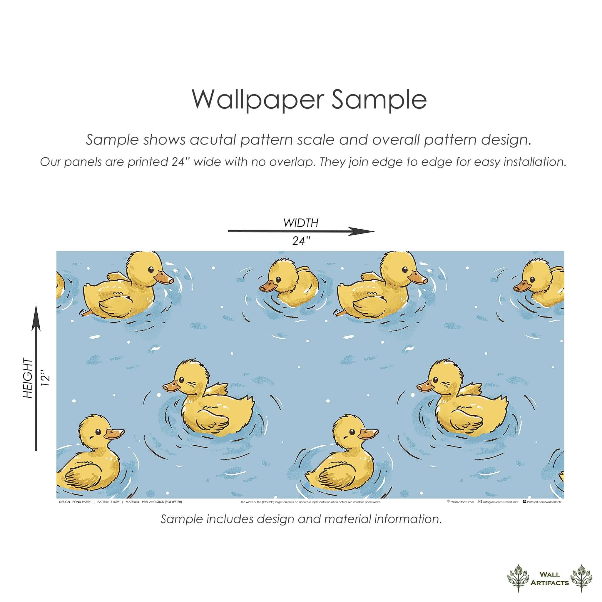 Pond Party wallpaper sample with cheerful yellow ducks swimming in a soft blue pond, perfect for children’s nursery or playroom decor.