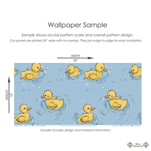 Pond Party wallpaper sample with cheerful yellow ducks swimming in a soft blue pond, perfect for children’s nursery or playroom decor.