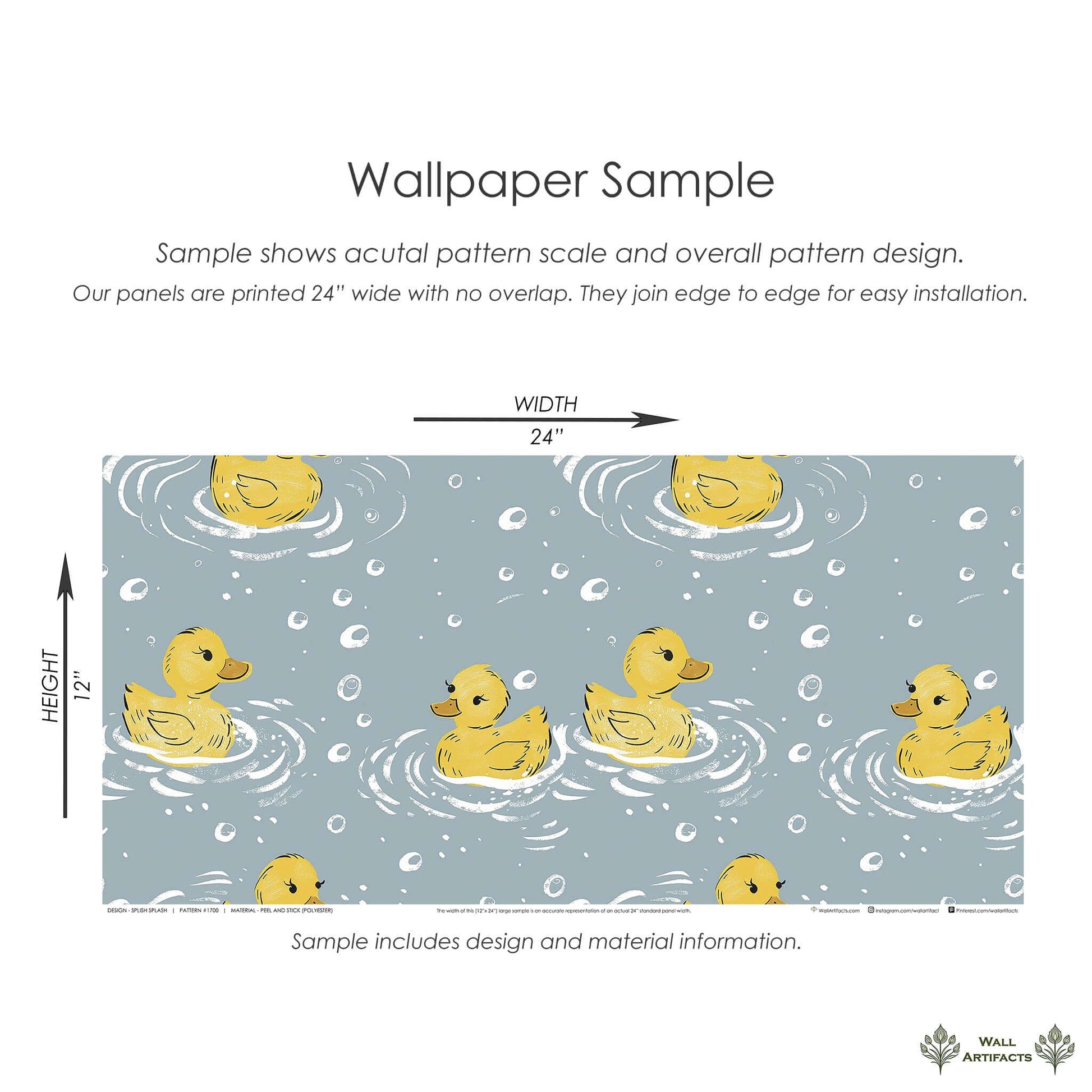 Sample of "Splish Splash" wallpaper featuring playful ducklings in bubbly blue water, perfect for children's rooms and nurseries.