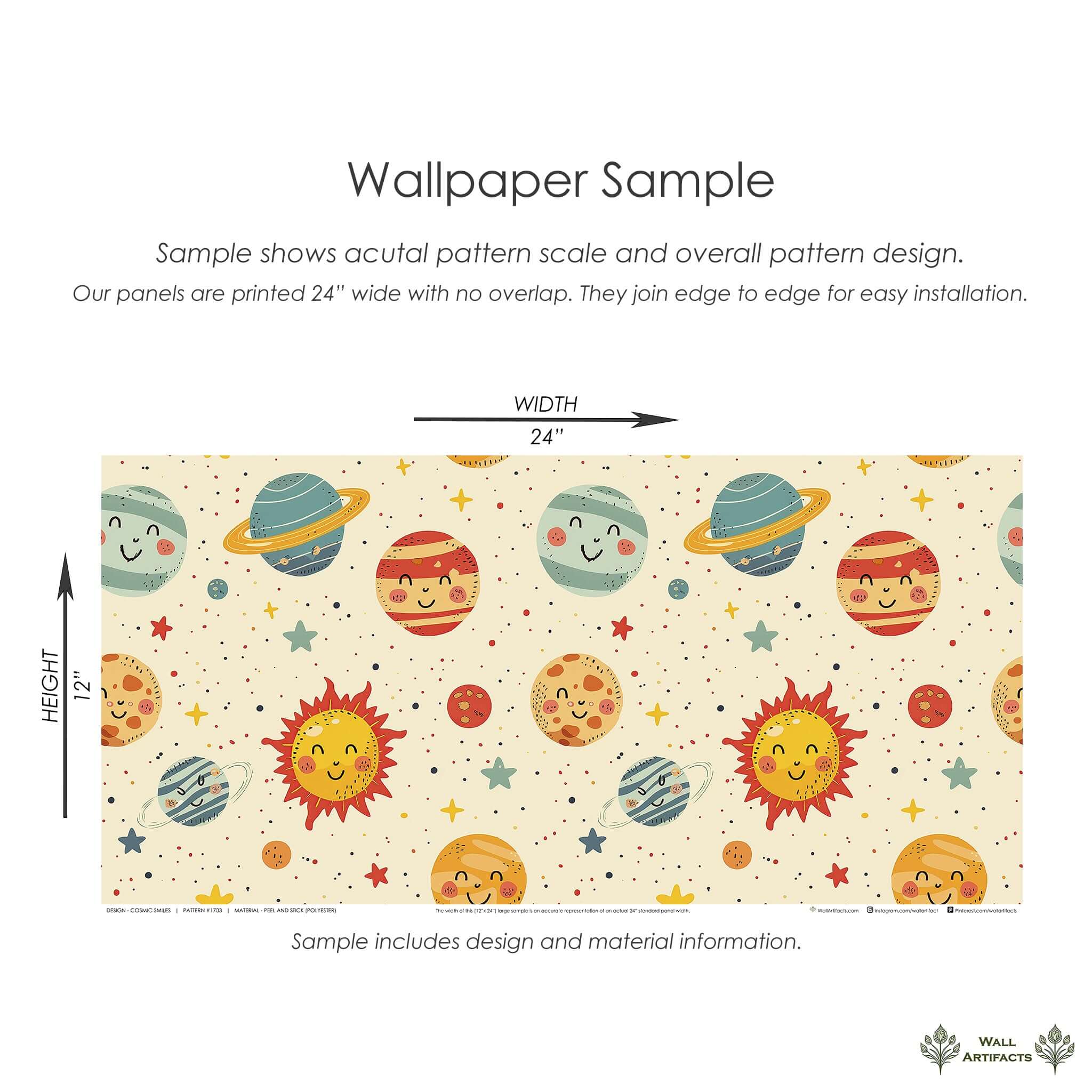Cosmic Smiles wallpaper with happy planets and stars, perfect space-themed design for children's nurseries or playrooms.