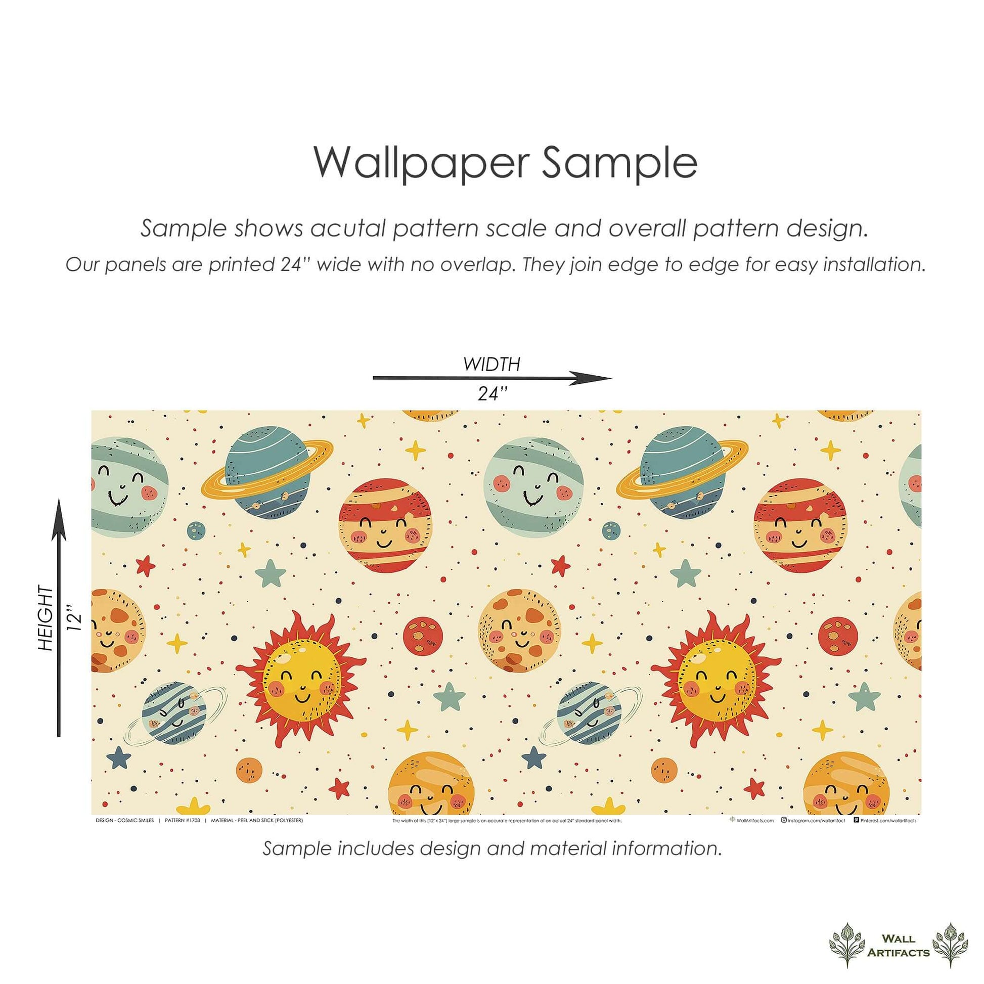Cosmic Smiles wallpaper with happy planets and stars, perfect space-themed design for children's nurseries or playrooms.