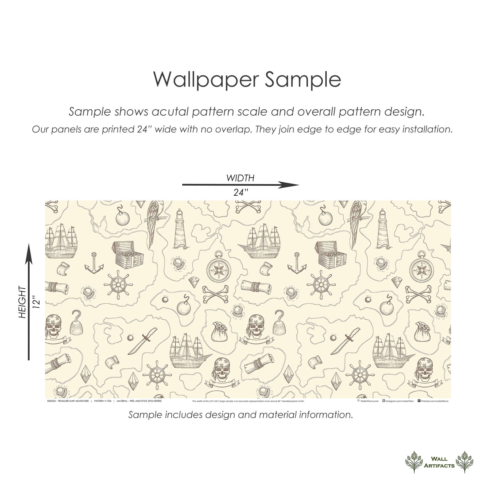 Treasure Map Adventure Wallpaper Sample with pirate ships, skulls, and nautical designs ideal for children's coastal playrooms and nurseries.