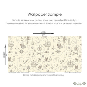Treasure Map Adventure Wallpaper Sample with pirate ships, skulls, and nautical designs ideal for children's coastal playrooms and nurseries.