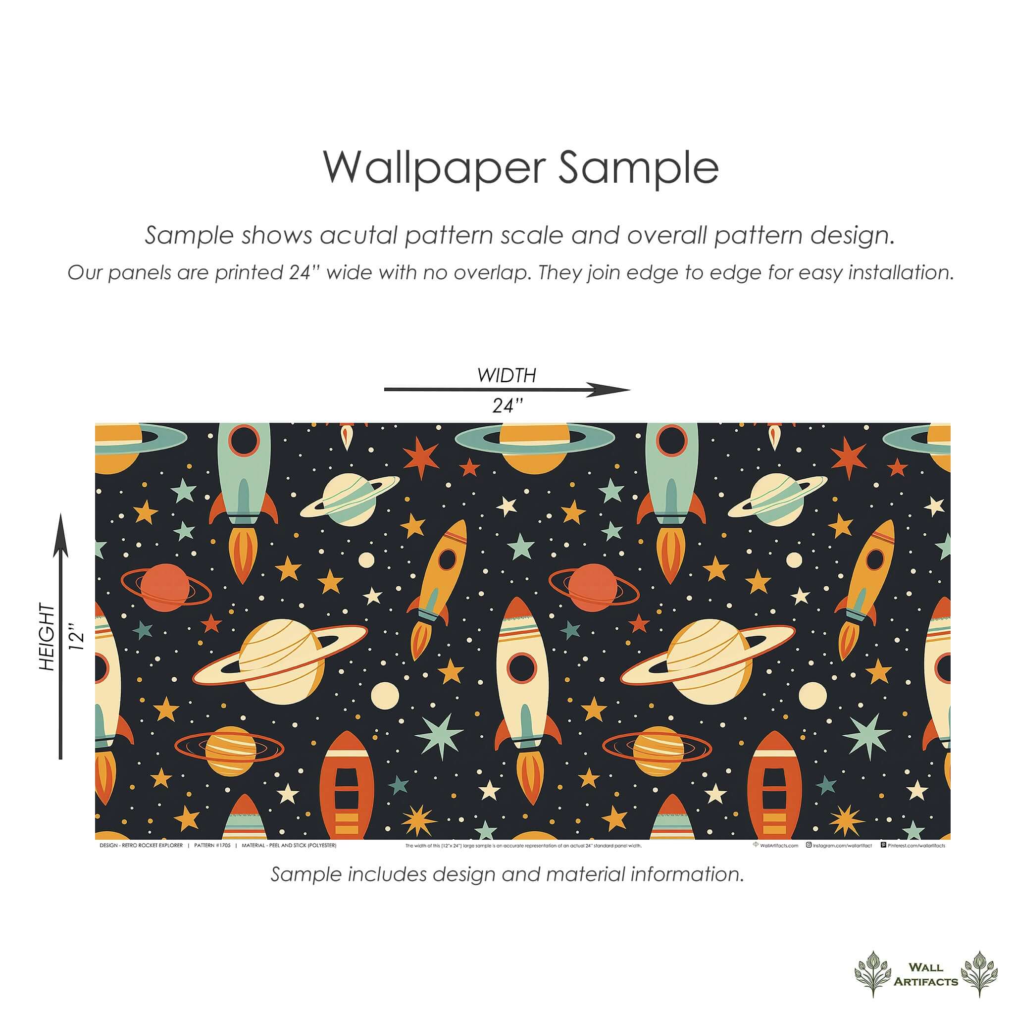 Retro Rocket Explorer wallpaper featuring rockets, stars, and planets on a dark backdrop, perfect for children’s nursery or playroom decor.