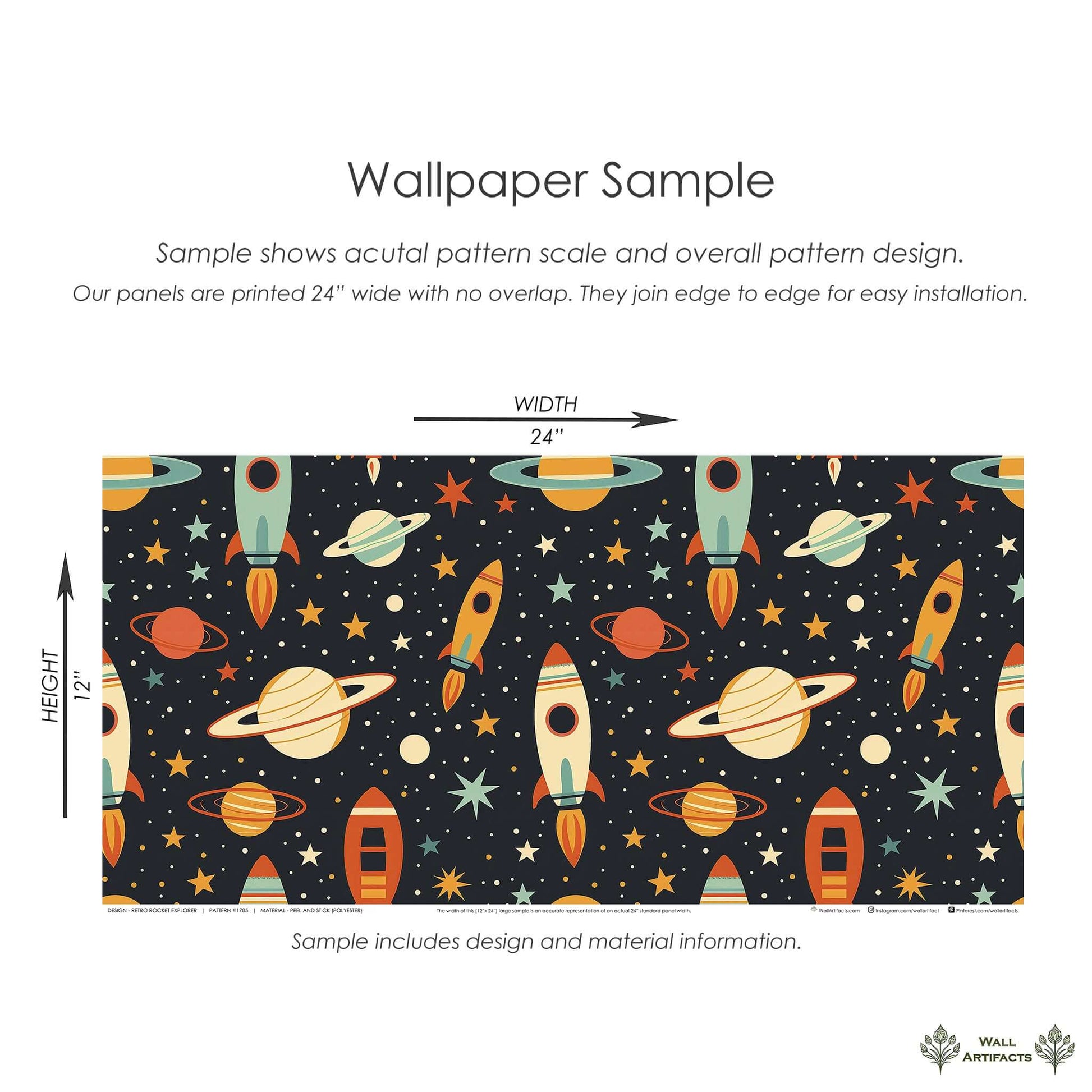 Retro Rocket Explorer wallpaper featuring rockets, stars, and planets on a dark backdrop, perfect for children’s nursery or playroom decor.