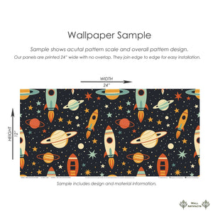 Retro Rocket Explorer wallpaper featuring rockets, stars, and planets on a dark backdrop, perfect for children’s nursery or playroom decor.