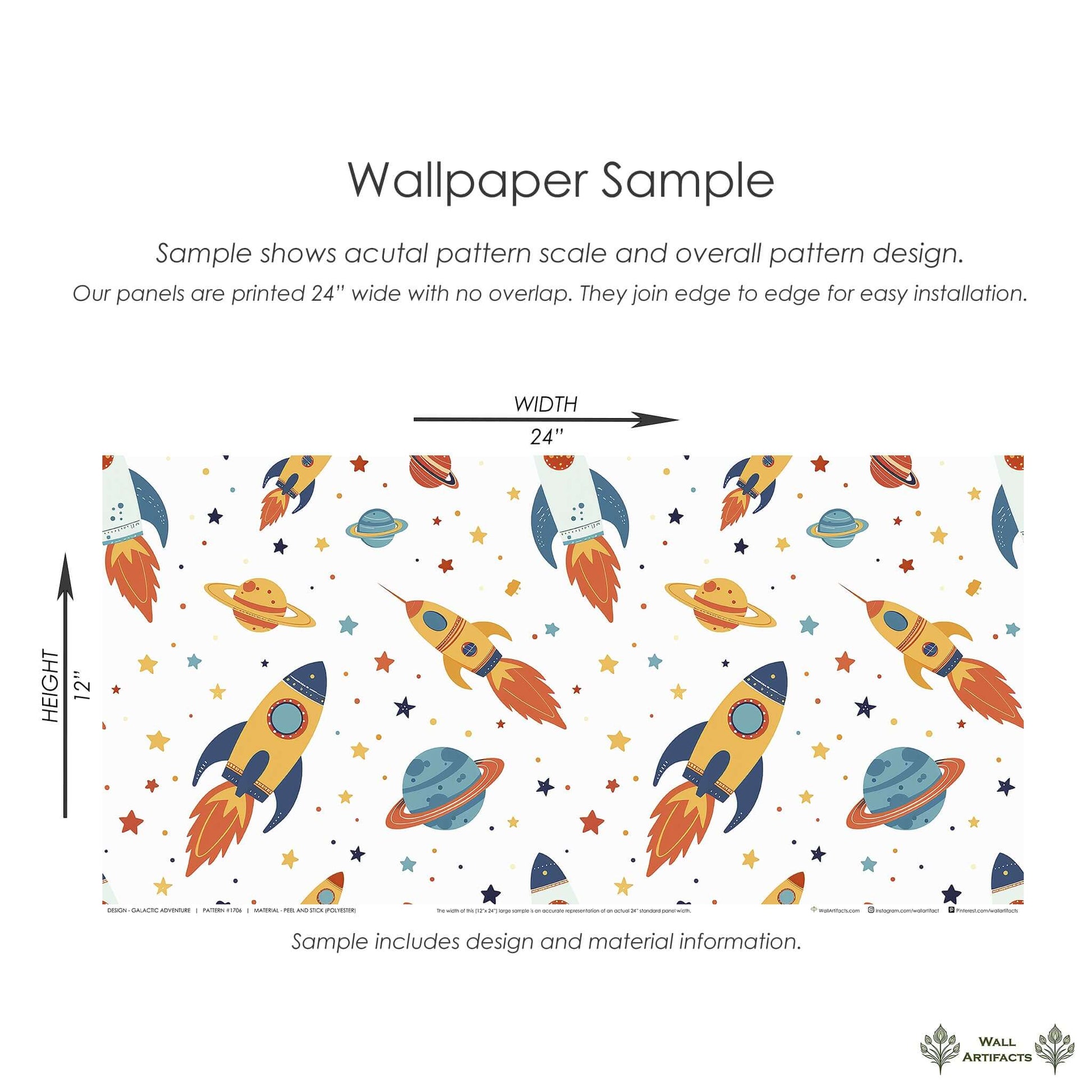 Galactic Adventure wallpaper sample with playful rockets, planets, and stars for children's spaces, nursery or playroom. Space theme.
