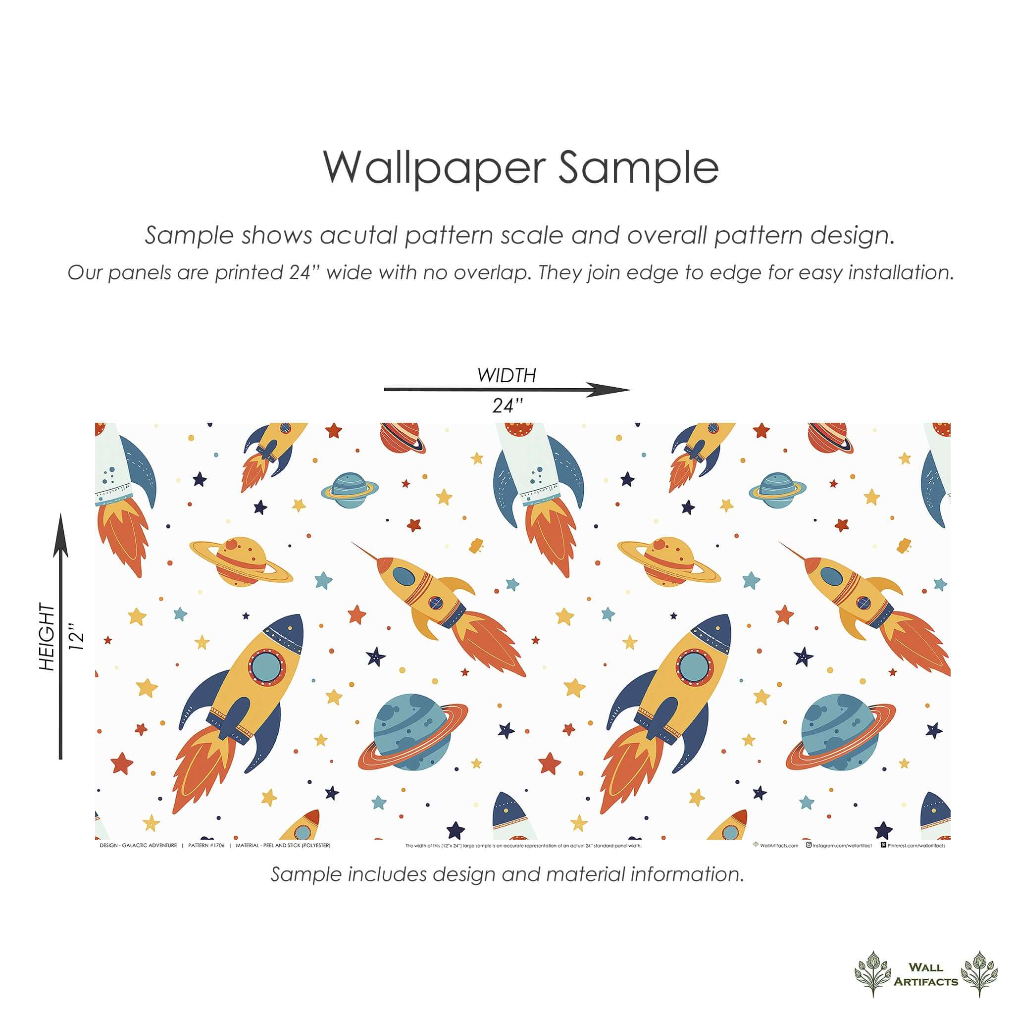 Galactic Adventure wallpaper sample with playful rockets, planets, and stars for children's spaces, nursery or playroom. Space theme.