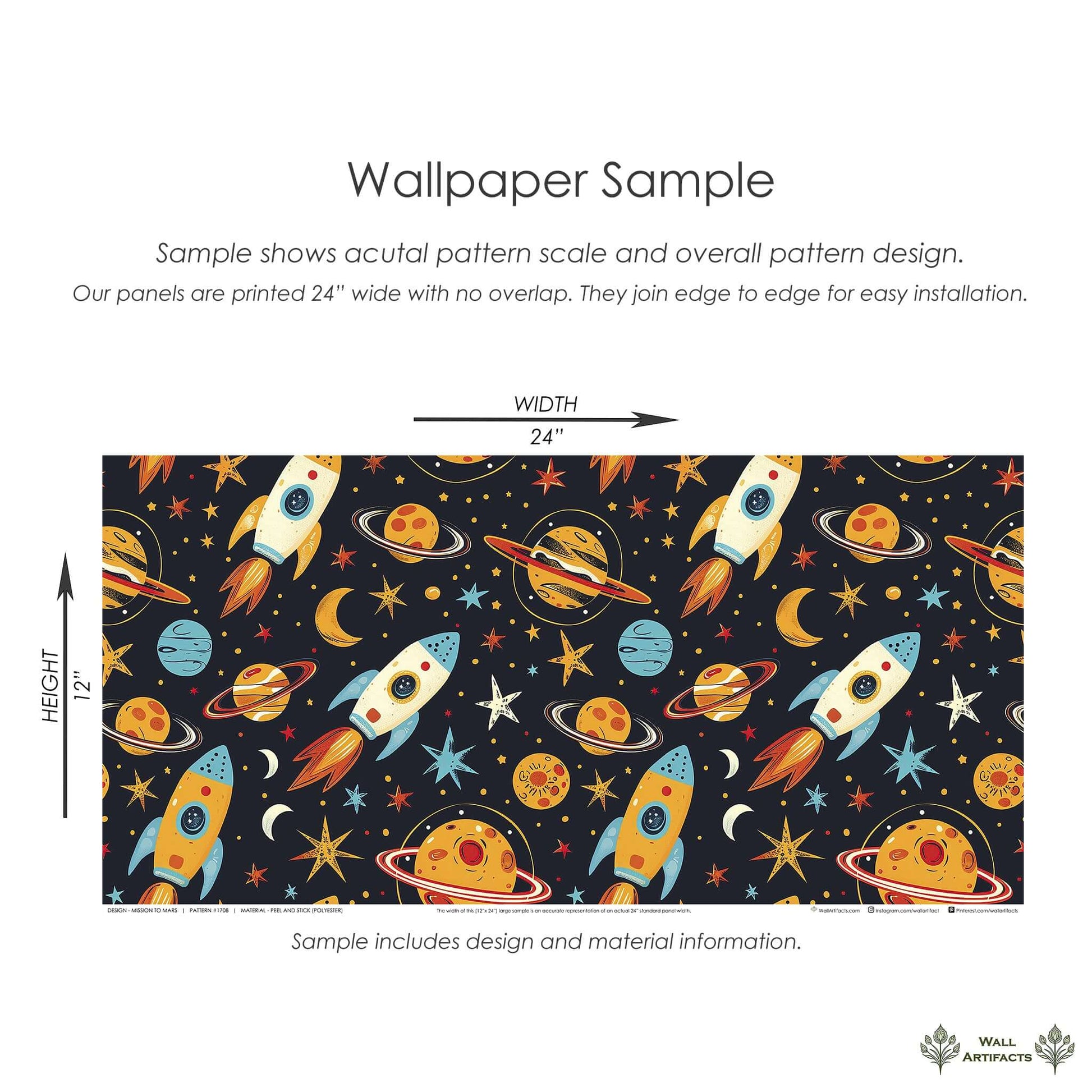 Space-themed children's wallpaper with rockets, planets, and stars, ideal for a nursery or playroom. Vibrant design on a dark background.