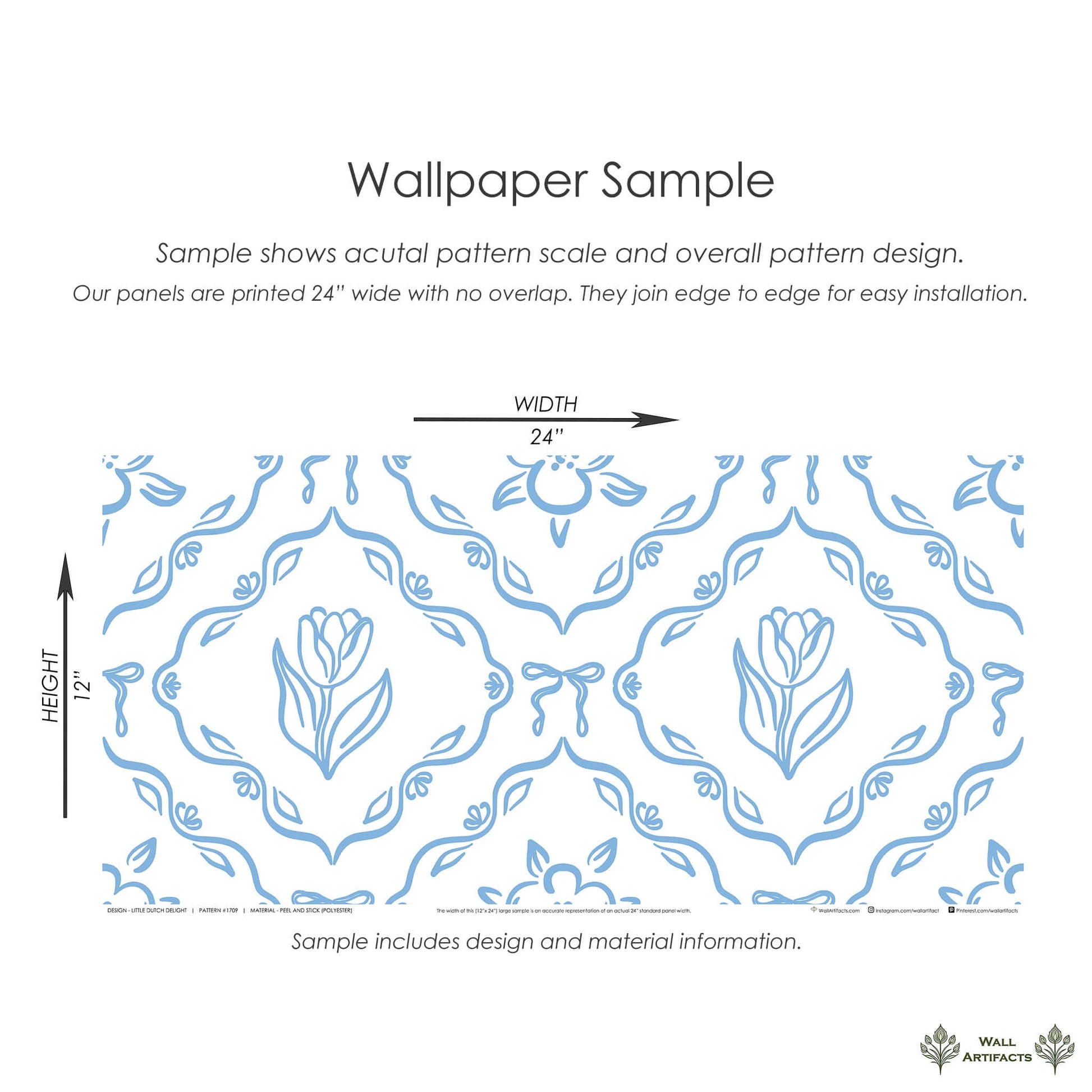 "Little Dutch Delight" wallpaper sample with delicate blue tulips, perfect for a French cottage, nursery, or playroom.