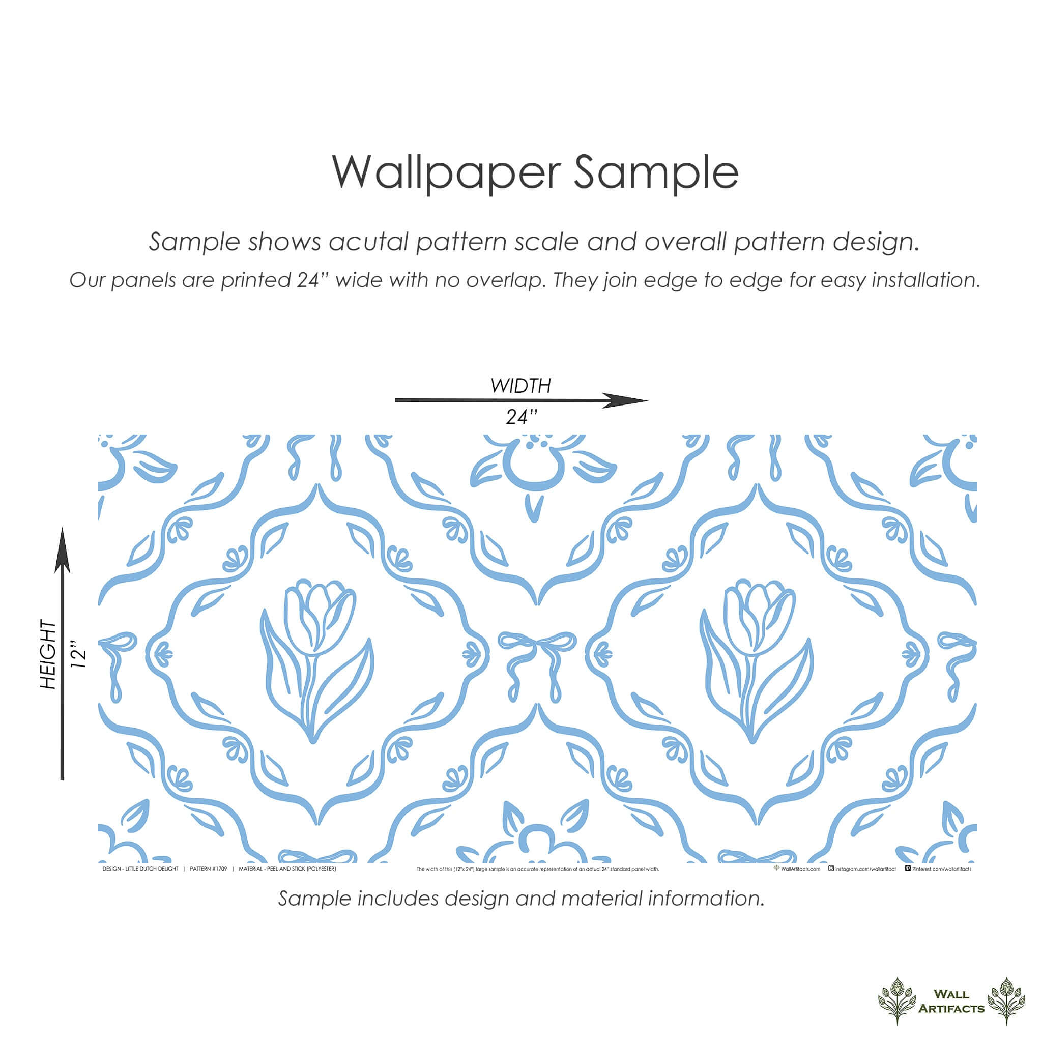 "Little Dutch Delight" wallpaper sample with delicate blue tulips, perfect for a French cottage, nursery, or playroom.