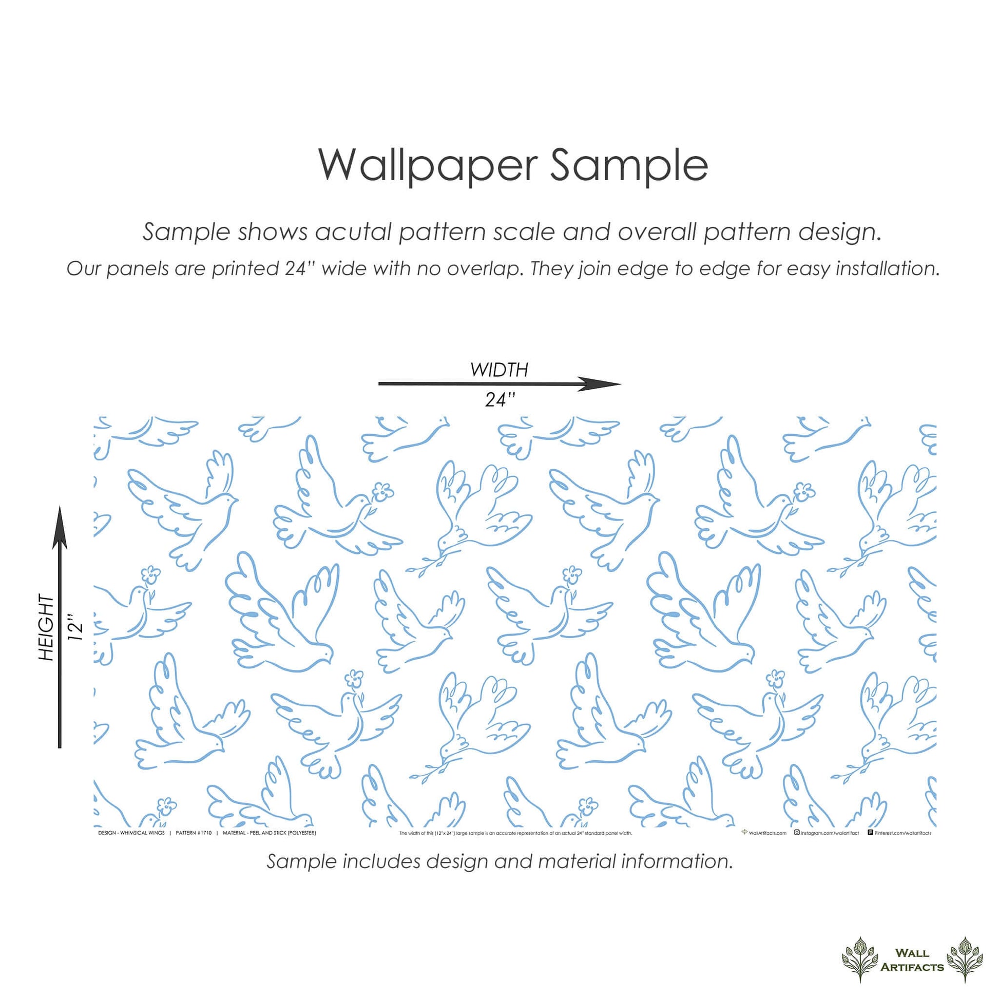 Blue and white whimsical birds wallpaper sample, ideal for children's nurseries, showcasing modern minimalist design and serene style.