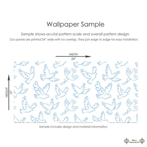 Blue and white whimsical birds wallpaper sample, ideal for children's nurseries, showcasing modern minimalist design and serene style.