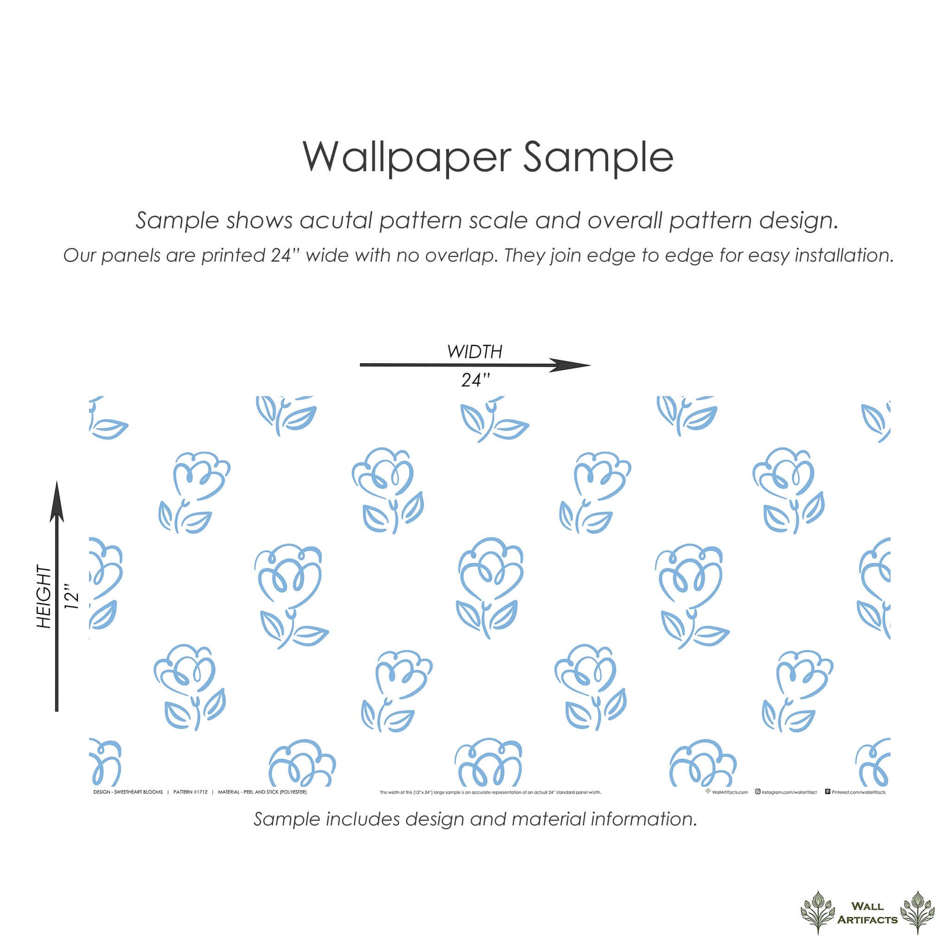 Sweetheart Blooms wallpaper sample with blue heart-shaped flowers on white background, ideal for modern nurseries and playrooms.
