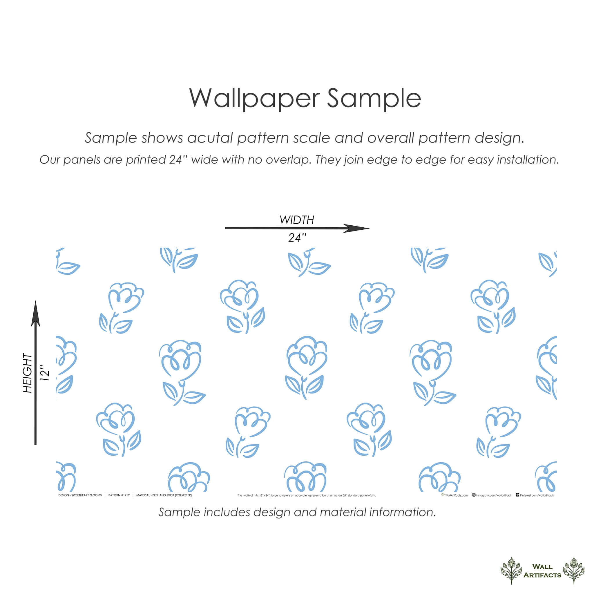 Sweetheart Blooms wallpaper sample with blue heart-shaped flowers on white background, ideal for modern nurseries and playrooms.