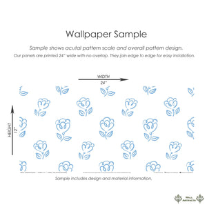 Sweetheart Blooms wallpaper sample with blue heart-shaped flowers on white background, ideal for modern nurseries and playrooms.