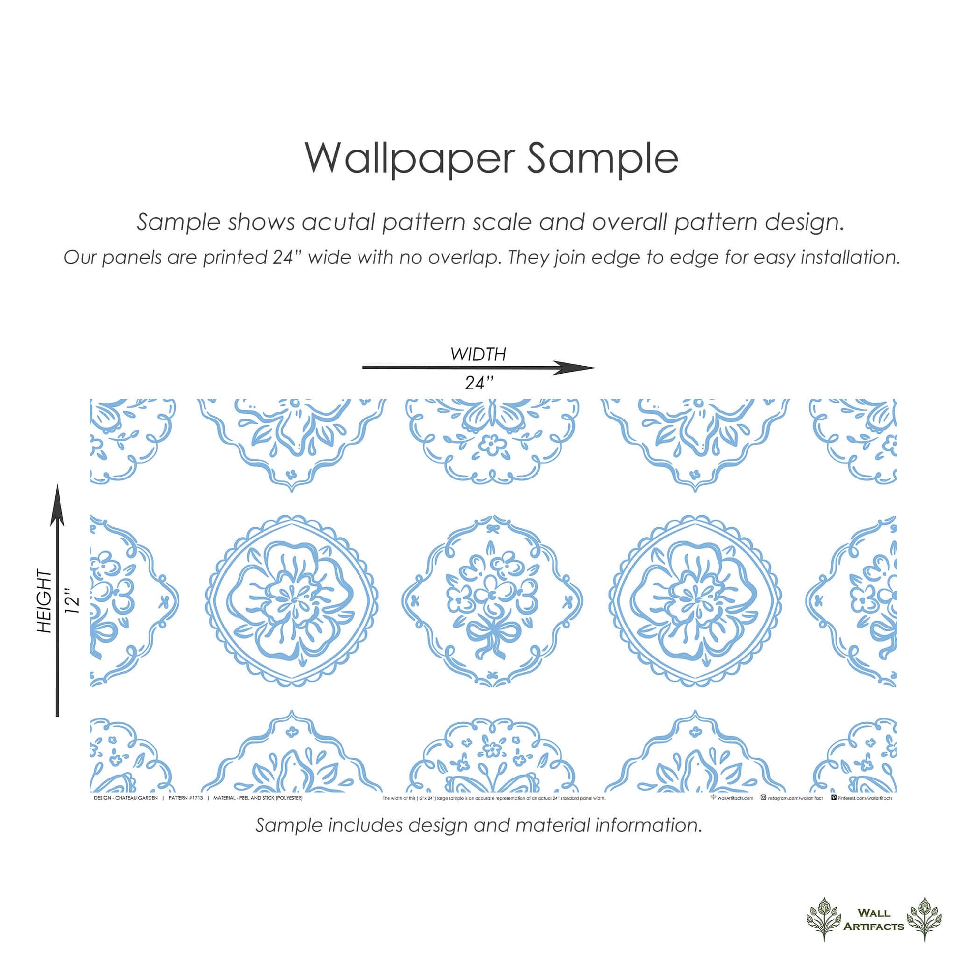 Elegant Chateau Garden wallpaper with blue floral medallions on white background, perfect for French country style interiors and kids' rooms.