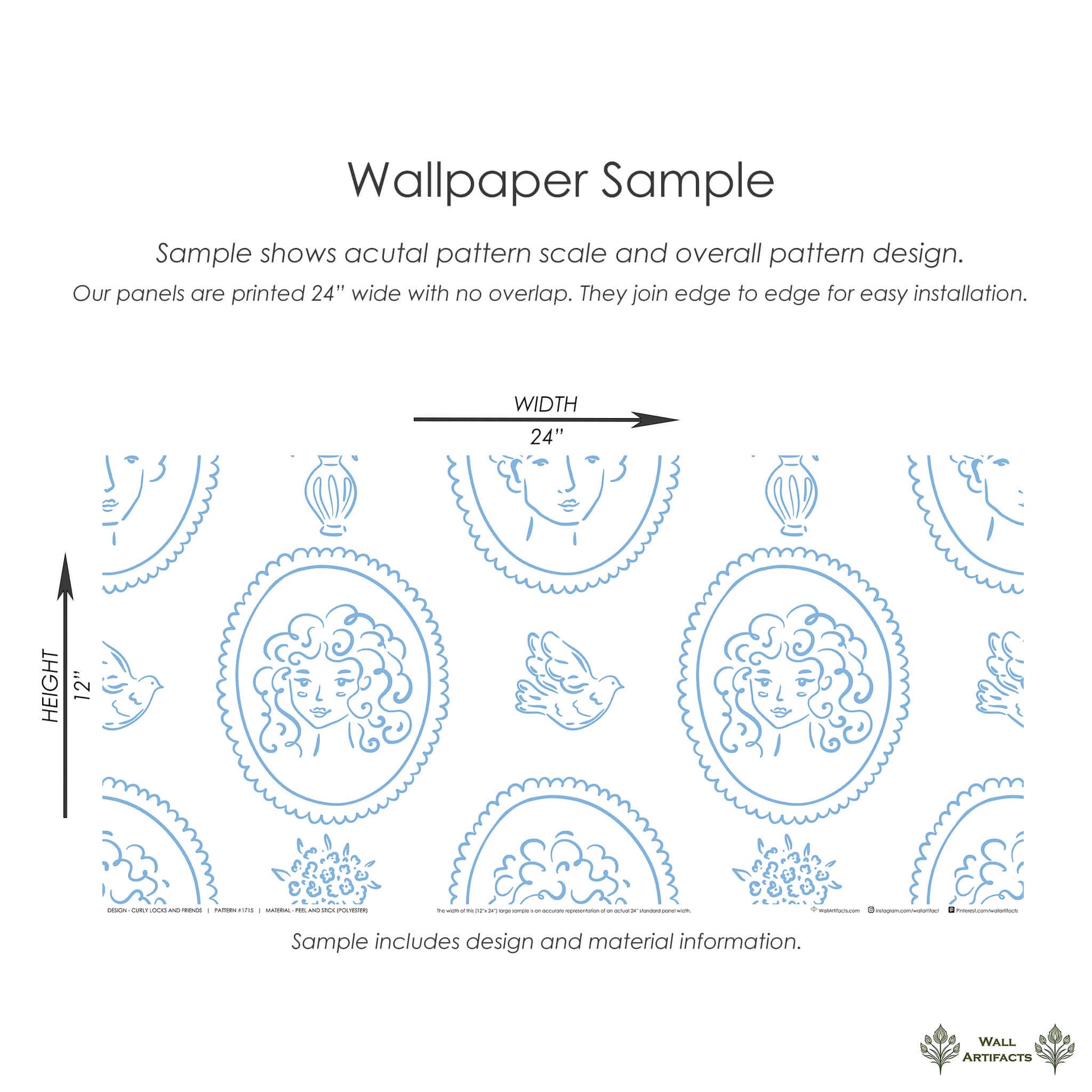 Curly Locks & Friends wallpaper sample featuring blue cameo portraits, birds, and florals on white, perfect for French-inspired decor.