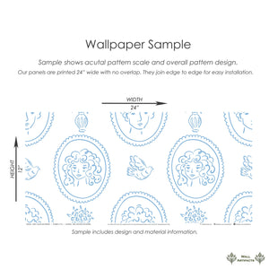Curly Locks & Friends wallpaper sample featuring blue cameo portraits, birds, and florals on white, perfect for French-inspired decor.
