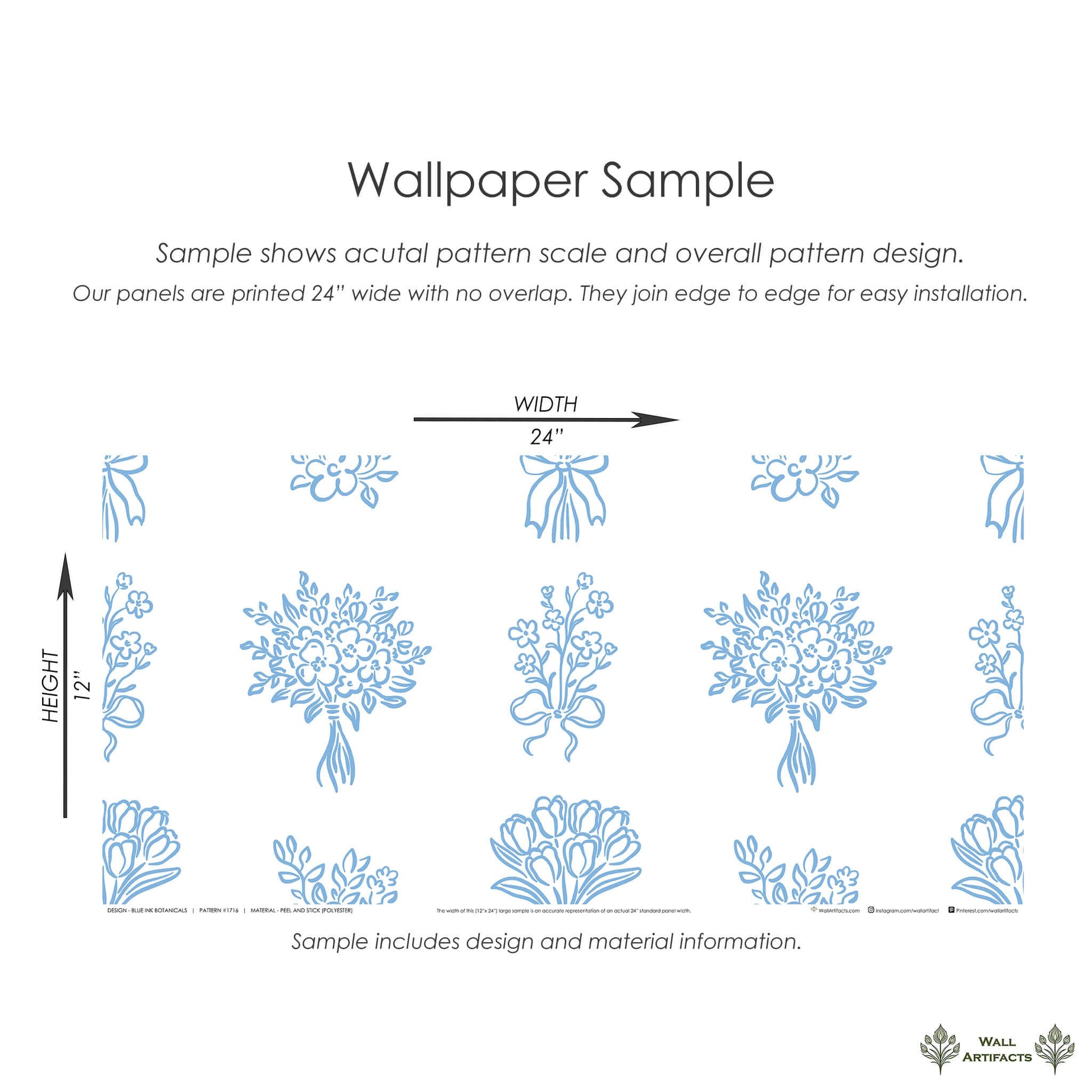"Blue Ink Botanicals Wallpaper Sample - Hand-drawn Florals in Blue on White Background, Ideal for Timeless Cottage Design"