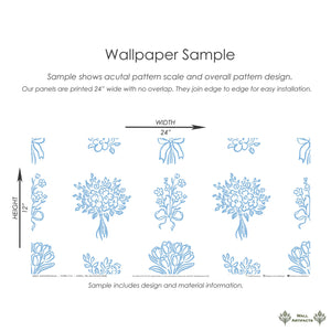 "Blue Ink Botanicals Wallpaper Sample - Hand-drawn Florals in Blue on White Background, Ideal for Timeless Cottage Design"