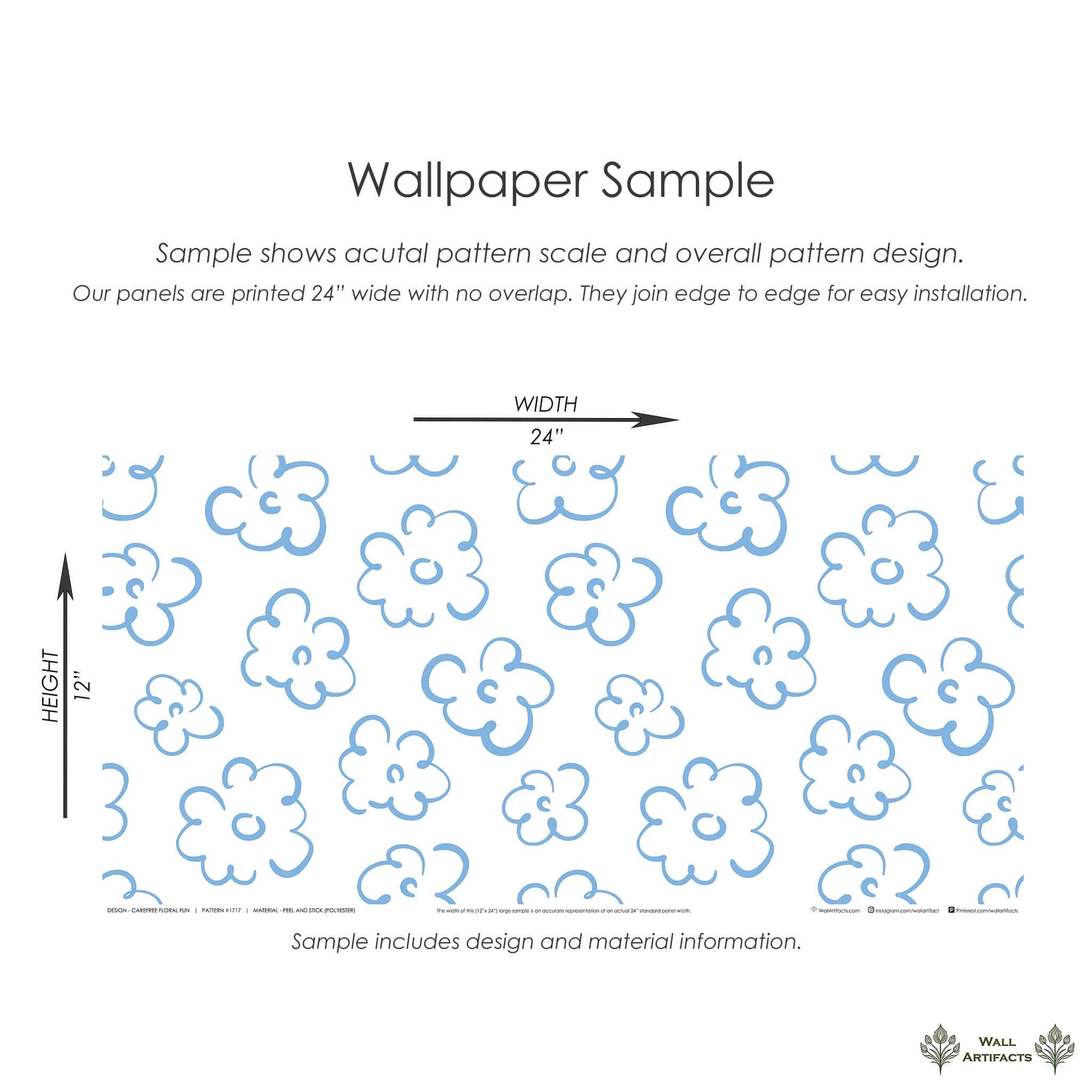 "Carefree Floral Fun" blue and white abstract floral wallpaper sample from Wall Artifacts showcasing modern, playful design.