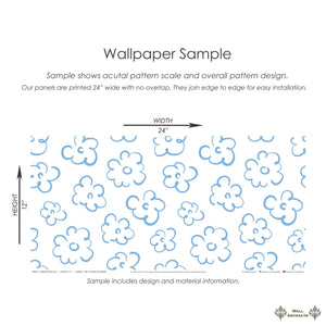 "Carefree Floral Fun" blue and white abstract floral wallpaper sample from Wall Artifacts showcasing modern, playful design.