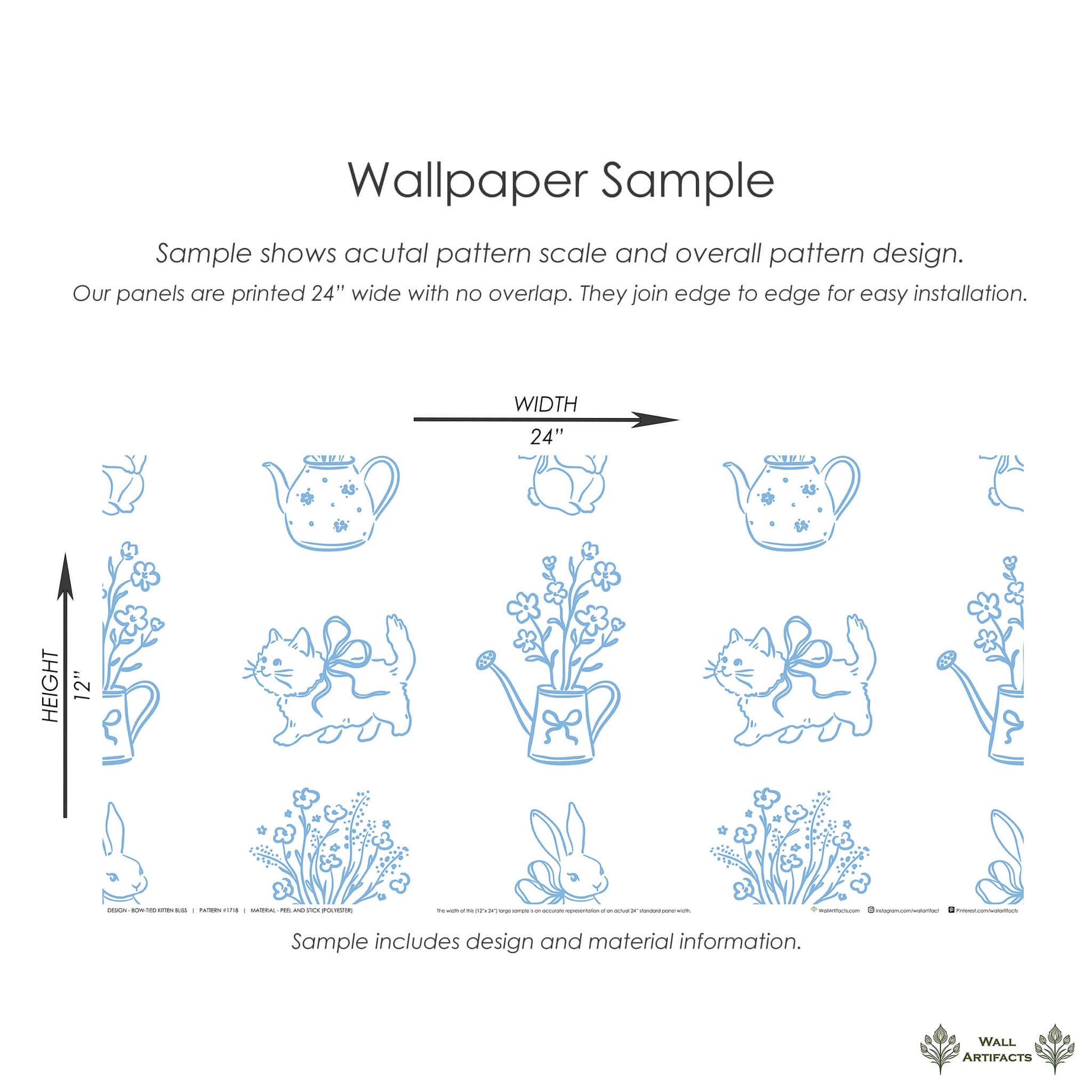 Bow-Tied Kitten Bliss wallpaper sample with kittens, flowers, and teapots, showcasing playful modern contemporary design.