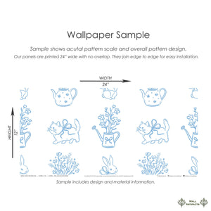 Bow-Tied Kitten Bliss wallpaper sample with kittens, flowers, and teapots, showcasing playful modern contemporary design.