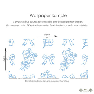 Blue and white floral wallpaper sample with ribbons, showcasing elegant French style design, perfect for charming decor.