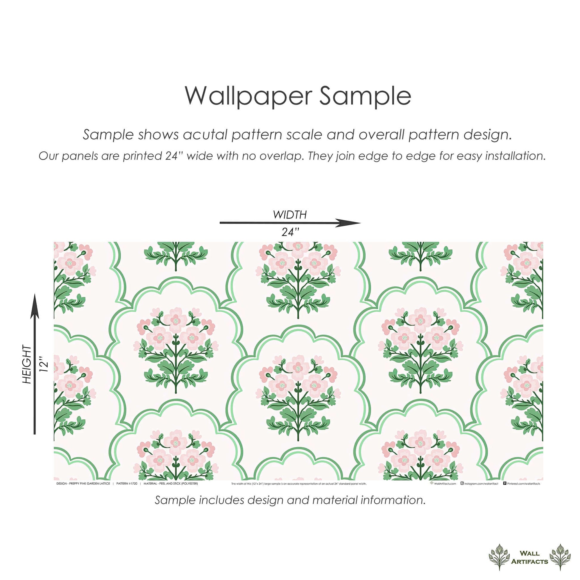 Sample of Preppy Pink Garden Lattice wallpaper featuring pink flowers, green scallops, suitable for nurseries, bedrooms, playrooms.