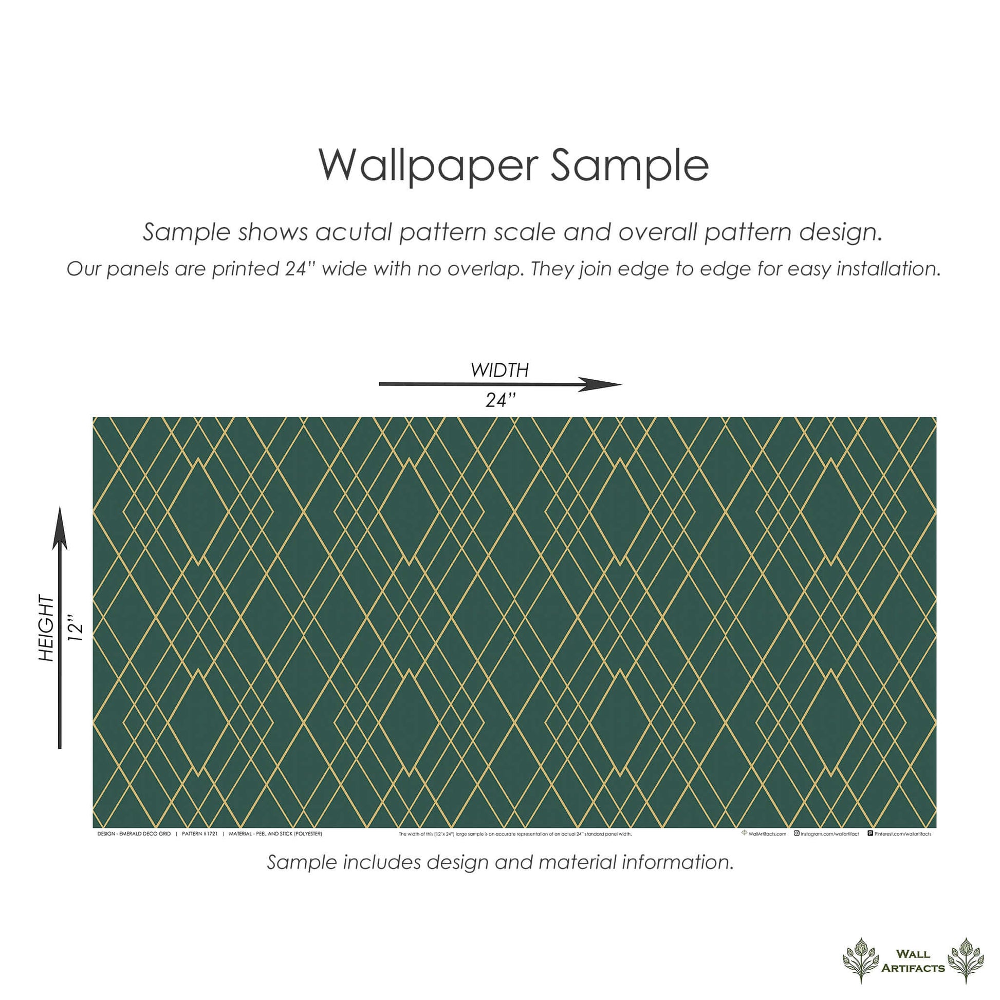Emerald Deco Grid wallpaper sample with geometric art deco gold lattice on green background, 24x12 inches from Wall Artifacts.