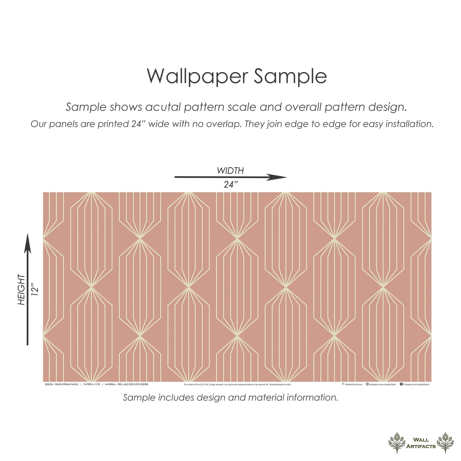 Peach Prism Panels Wallpaper sample with ivory geometric lines, showcasing mid-century modern design for accent walls.