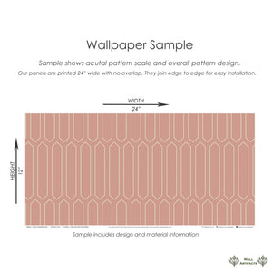 Pastel Moderne Lines art deco wallpaper sample with geometric ivory lines on blush pink, ideal for retro minimalist interiors.