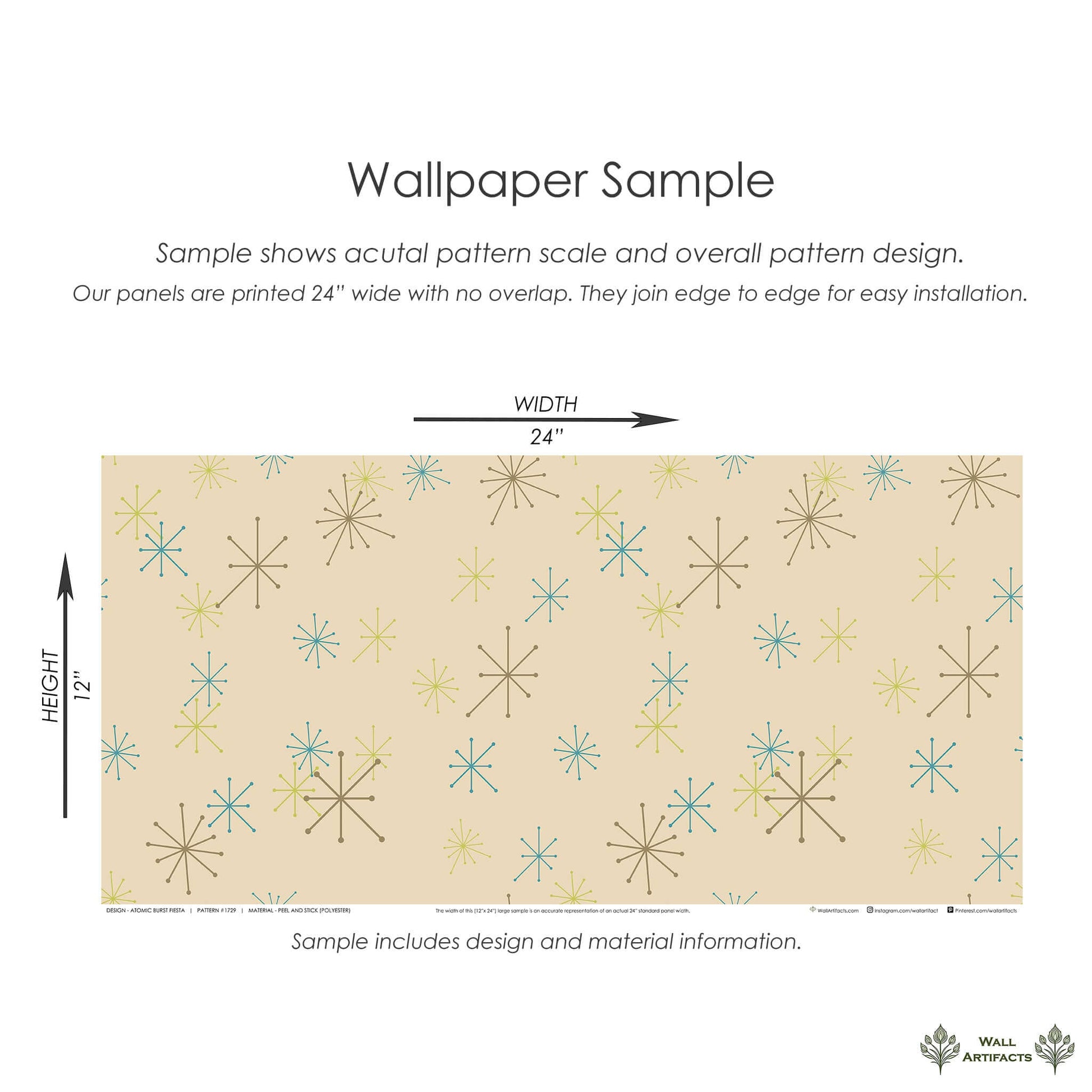 Atomic Burst Fiesta mid-century modern retro wallpaper sample with atomic starbursts in teal, lime, and mocha on beige background.